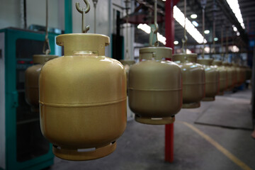 Bottled Gas. Gas cylinder production process. Process of quality control, gas cylinder painting,  high heat test.