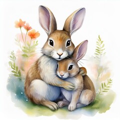 cute watercolor hares - mom and her kid  isolated on white background