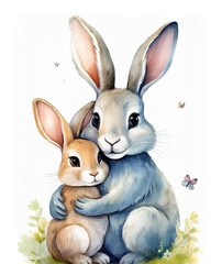 cute watercolor hares - mom and her kid  isolated on white background