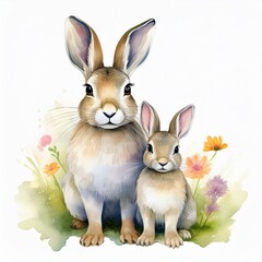 Fototapeta premium cute watercolor hares - mom and her kid isolated on white background