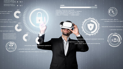 Caucasian project manager wearing VR glasses while look at hologram of security system. Smart businessman using visual reality goggle while connect metaverse plan and access privacy code. Deviation.