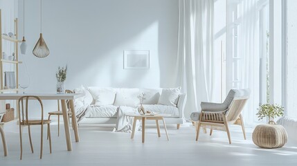 Fototapeta premium Light birch table in a Nordic-style living room with minimalist white decor.