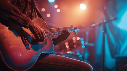 A musician playing the guitar at a small live concert