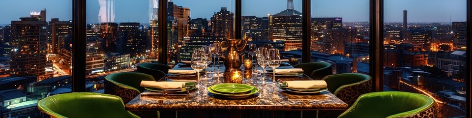 Fototapeta premium Johannesburg dining with safari green touches and city skyline views.