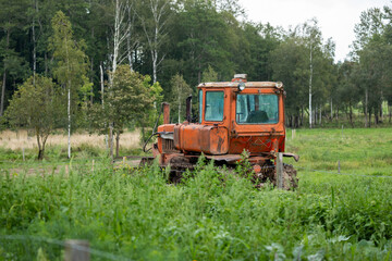 Fototapeta premium An old orange tractor parked in a field overgrown with tall grass, with trees in the background.