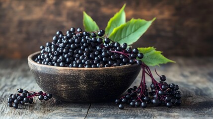 Black elderberries Sambucus nigra in a bowl and some berries