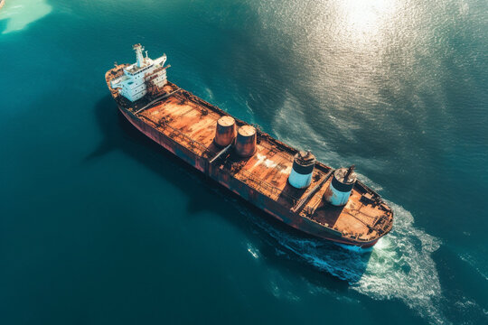 Aerial top view Oil ship tanker carier oil from refinery on the sea