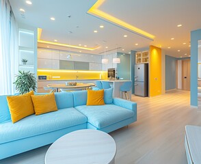 Brightly Lit Chic Living Room, Sky Blue and Soft Yellow Tones.