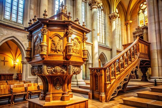 Elegant wooden pulpit adorned with intricate carvings stands atop a ornate dais in a grand, high-ceilinged cathedral,