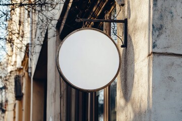 Empty white circular iron shop sign on wall of downtown cafe / bookstore in hipster area - storefront identity - urban retail space - mockup design