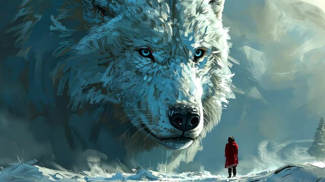 Person in red coat facing giant wolf in snowy landscape, fantasy art concept