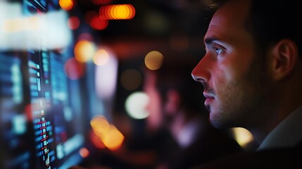 Fototapeta premium Man Focused on Computer Screen in a Dark Office