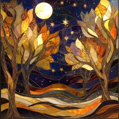 Colorful stained glass artwork depicting trees under a moonlit sky with stars in a serene landscape during nighttime