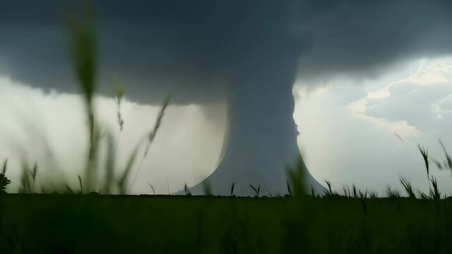 Massive tornado storm weather destruction damage open field thunder dangerous cyclone hurricane natural disaster wind gray sky rain insurance help extreme conditions chasing awe nature horror shelter