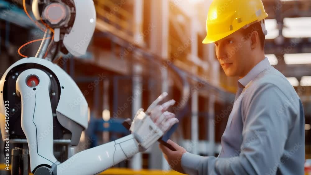 Poster futuristic humanoid robot and asian engineer collaborating in an industrial environment. concept of 