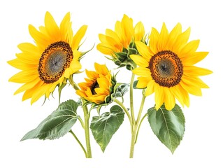 Obraz premium Bright yellow sunflowers in full bloom cut out on white background