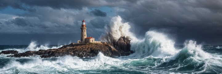 Obraz premium lighthouse on a rocky coast during a storm. The waves are crashing against the lighthouse, and the sky is overcast.