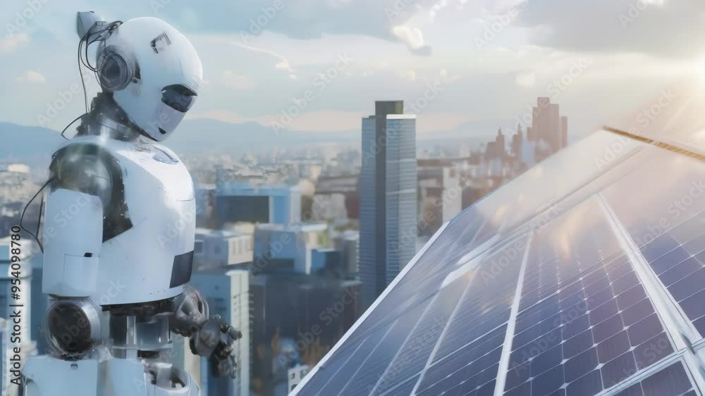 Poster futuristic robot inspecting solar panels on a skyscraper rooftop. symbol of clean energy, renewable 