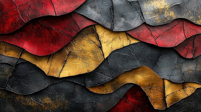   A high-resolution photo showcases a close-up of a vivid red, yellow, and grey leaf painting against a dark background