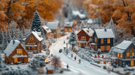 A miniature winter village with snow-covered houses and cheerful figures enjoying the festive atmosphere.