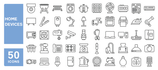 Set of 50 line icons related to home devices, appliance, gadgets, electronic, tv, pc, washing machine, fridge, iron, laptop, heater, air conditioner, household, Editable stroke. Vector illustration