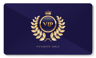 Premium VIP card in blue color with golden crown, laurel wreath and other elements. Luxury design. Vector illustration