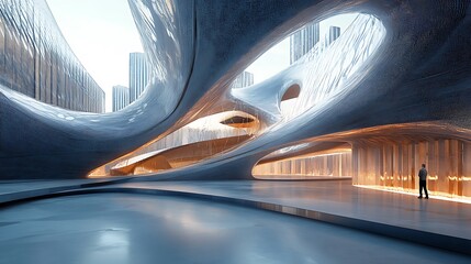 A lone figure stands in a futuristic building with a reflective ceiling and city views.