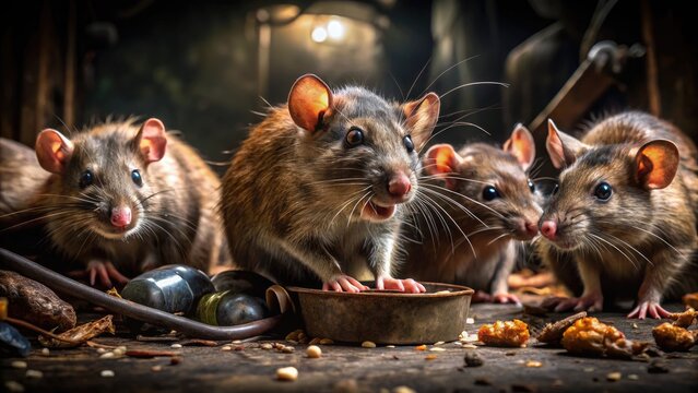 Filthy brown rodents with scrawny bodies, twitching whiskers, and beady eyes scavenge through trash, exemplifying urban decay and grimy alleys in high-contrast dim lighting.