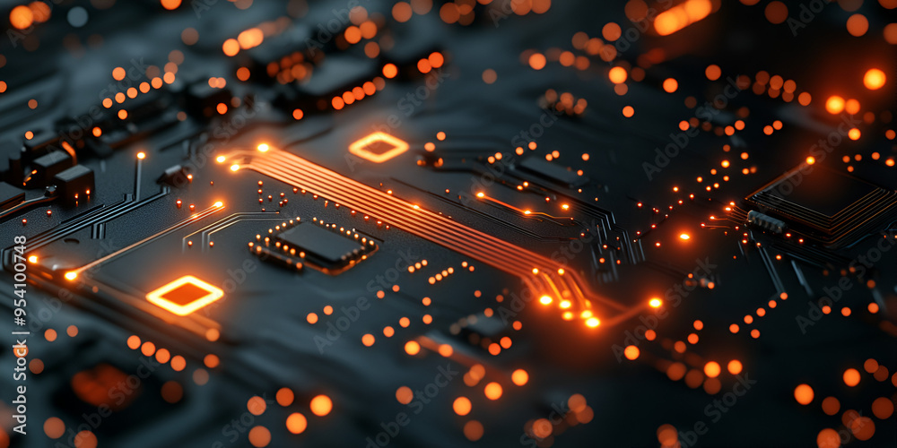 Wall mural detailed view of a circuit board with glowing orange components and intricate pathways illuminated b