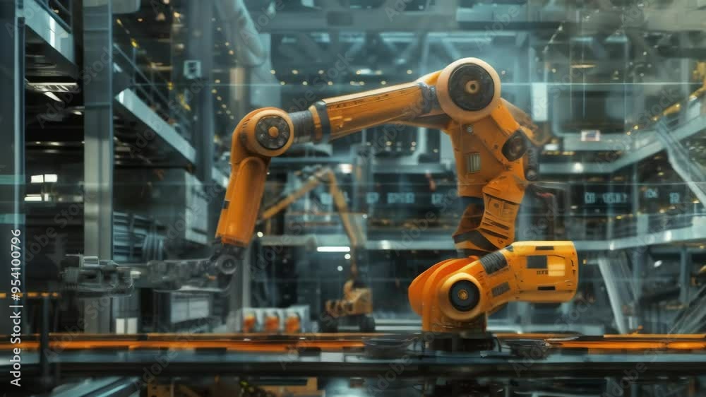 Poster industrial robotic arm in an advanced manufacturing environment. automation and modern industrial ro