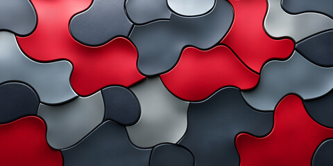 Abstract design featuring interlocking shapes in red, gray, and black, creating a dynamic visual texture