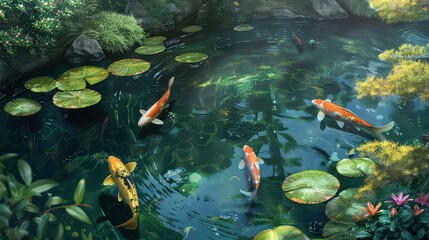 Fototapeta premium Four Koi Fish Swim in a Tranquil Pond Surrounded by Lush Green Plants.