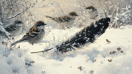   A group of snowy birds painted in detail, with a prominent feather up front and a bird in the background, adds depth to the artwork