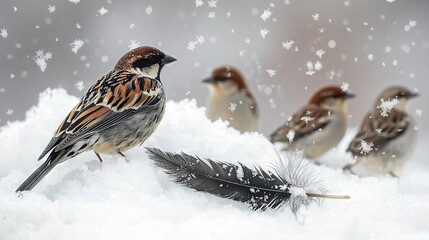Obraz premium A flock of avians perched atop a mound of snow alongside a feather resting on top of the same pile