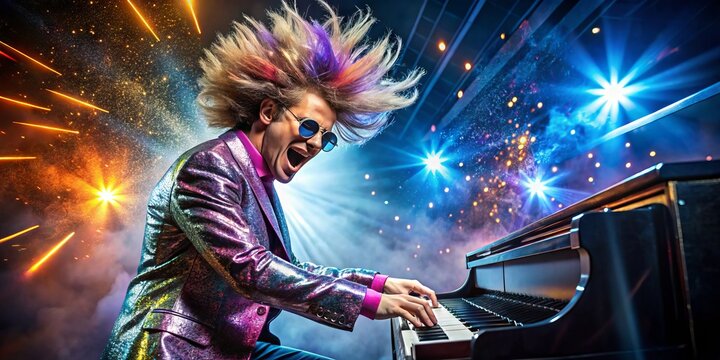 Flamboyant, energetic musician in flashy attire, sporting iconic hairstyle, plays piano with reckless abandon,
