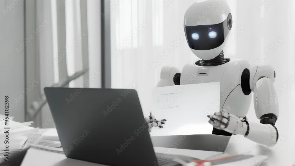 Poster humanoid robot working at a desk with a laptop in a white office. represents ai integration in busin