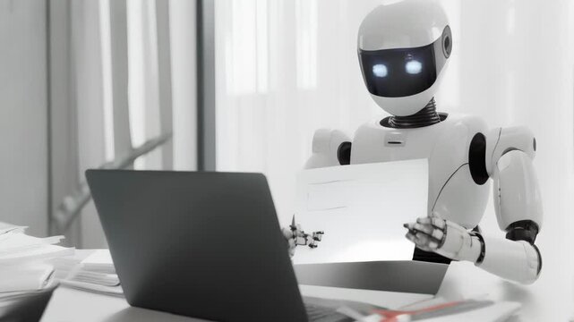Humanoid robot working at a desk with a laptop in a white office. Represents AI integration in business environments.