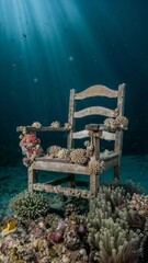 Wooden Chair Underwater: Coral-Encrusted, Sunlit Marine Life Scene Captured, Chair In The Ocean Underwater Photography.