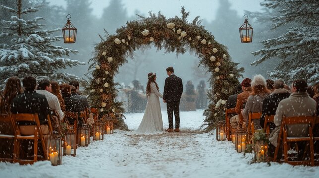 Outdoor Snowy Wedding Ceremony with Bride and Groom Under an Archway Adorned with White Flowers and Evergreen Branches, Guests Seated with Cozy Blankets, and Serene Magical Winter Atmosphere