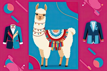 Obraz premium Stylish Llama Illustration in Trendy Fashion on Bright Colorful Background