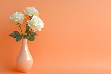 Fototapeta premium Elegant white roses in a cream ceramic vase against a vibrant orange background. Ideal for concepts of beauty, simplicity, and decor. Perfect for floristry and home design themes.