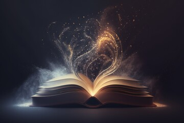 Open book with magical dust floating over it. Magical book, wisdom, fairytale