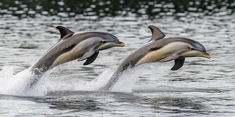 Fototapeta premium Two dolphins are leaping out of the water. Concept of freedom and joy as the dolphins playfully jump through the air