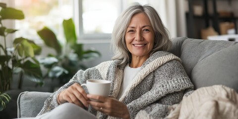 A woman is sitting on a couch with a cup of coffee in her hand. She is smiling and she is enjoying her time
