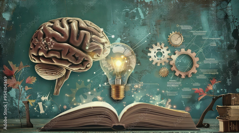 Wall mural a glowing lightbulb above an open book with a human brain and gears in the background, creating an a