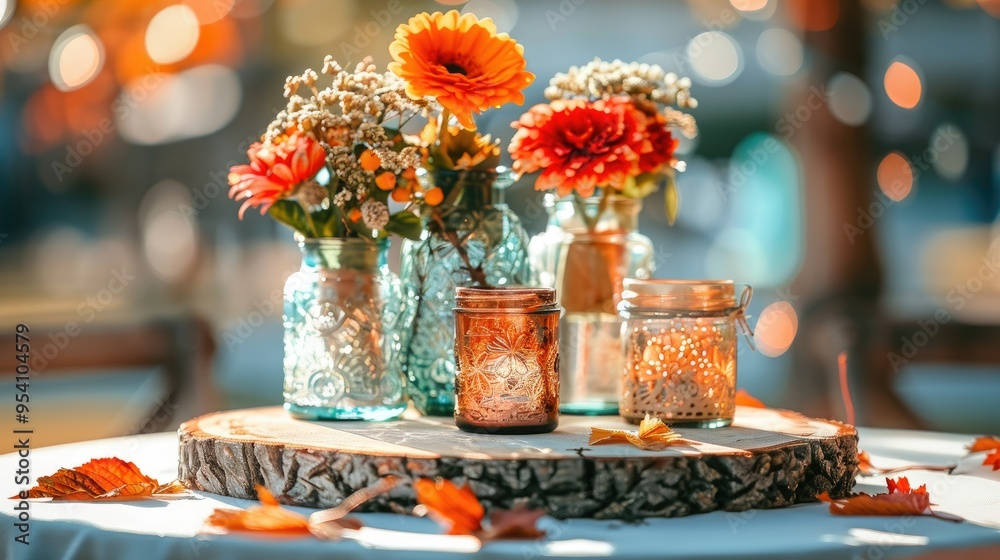 Canvas Prints a fall wedding centerpiece with glass vases, candles, and autumn leaves