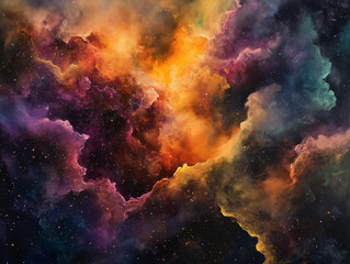 Fototapeta premium An intricate portrayal of colorful cosmic dust clouds swirling in deep space, creating a mesmerizing scene