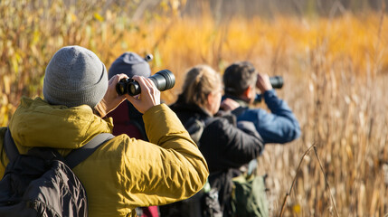 A group of bird watchers with binoculars observing birds in a wetland area