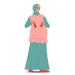 Pregnant Muslim Woman Is Happily Holding Baby Socks And Smiling. Character Is Wearing Hijab And Maternity Dress