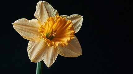 Fototapeta premium Close-up of yellow flower on black background with green stems